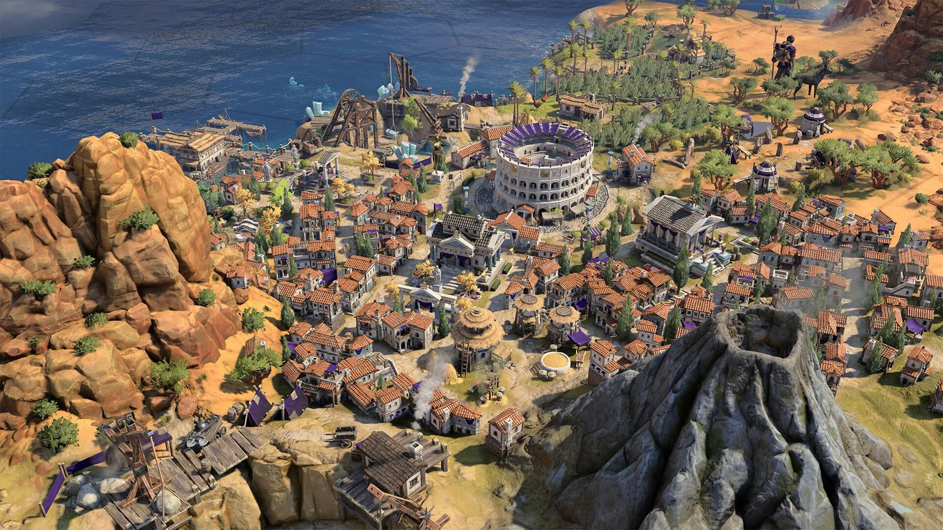 Thành phố cổ đại đang phát triển với kiến trúc đặc trưng trong game Civilization VII