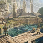 Thành phố trung tâm Grand Hub trong game Monster Hunter Wilds với kiến trúc độc đáo và không gian rộng lớn.
