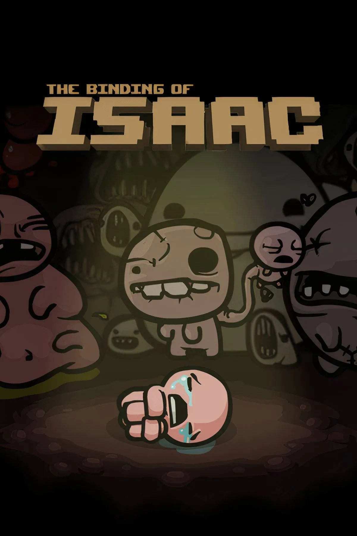 The Binding of Isaac: Nhân vật Isaac với giọt nước mắt và quái vật trong hầm ngục u ám của game roguelike.