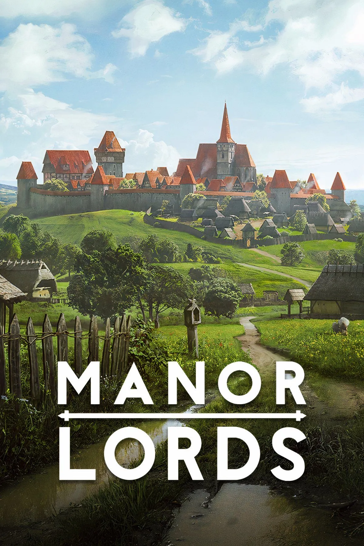 Thị trấn trung cổ thời Bavaria với các công trình gỗ và ruộng đồng trong Manor Lords