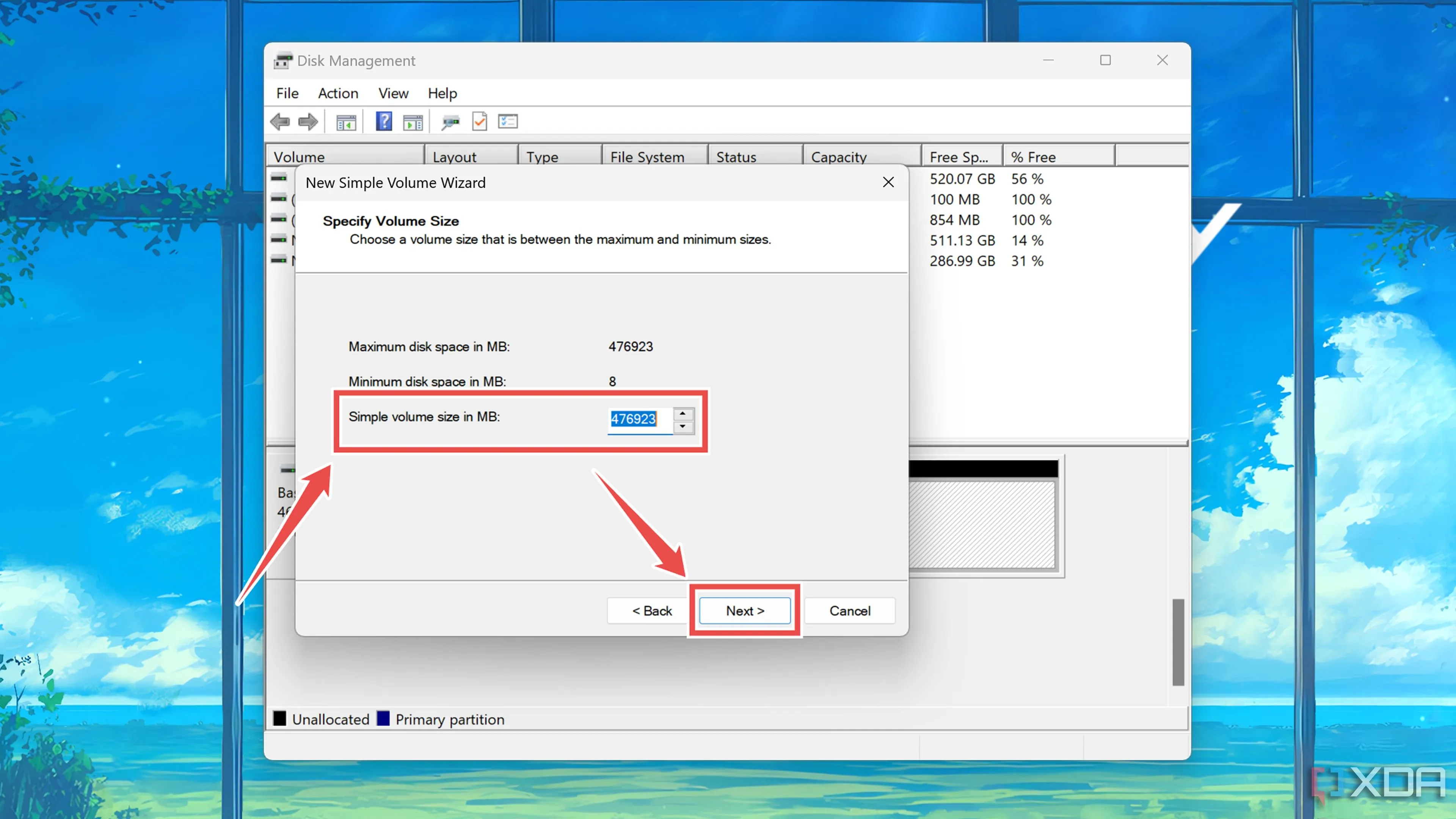 Thiết lập kích thước dung lượng cho ổ đĩa mới trong tiện ích Disk Management