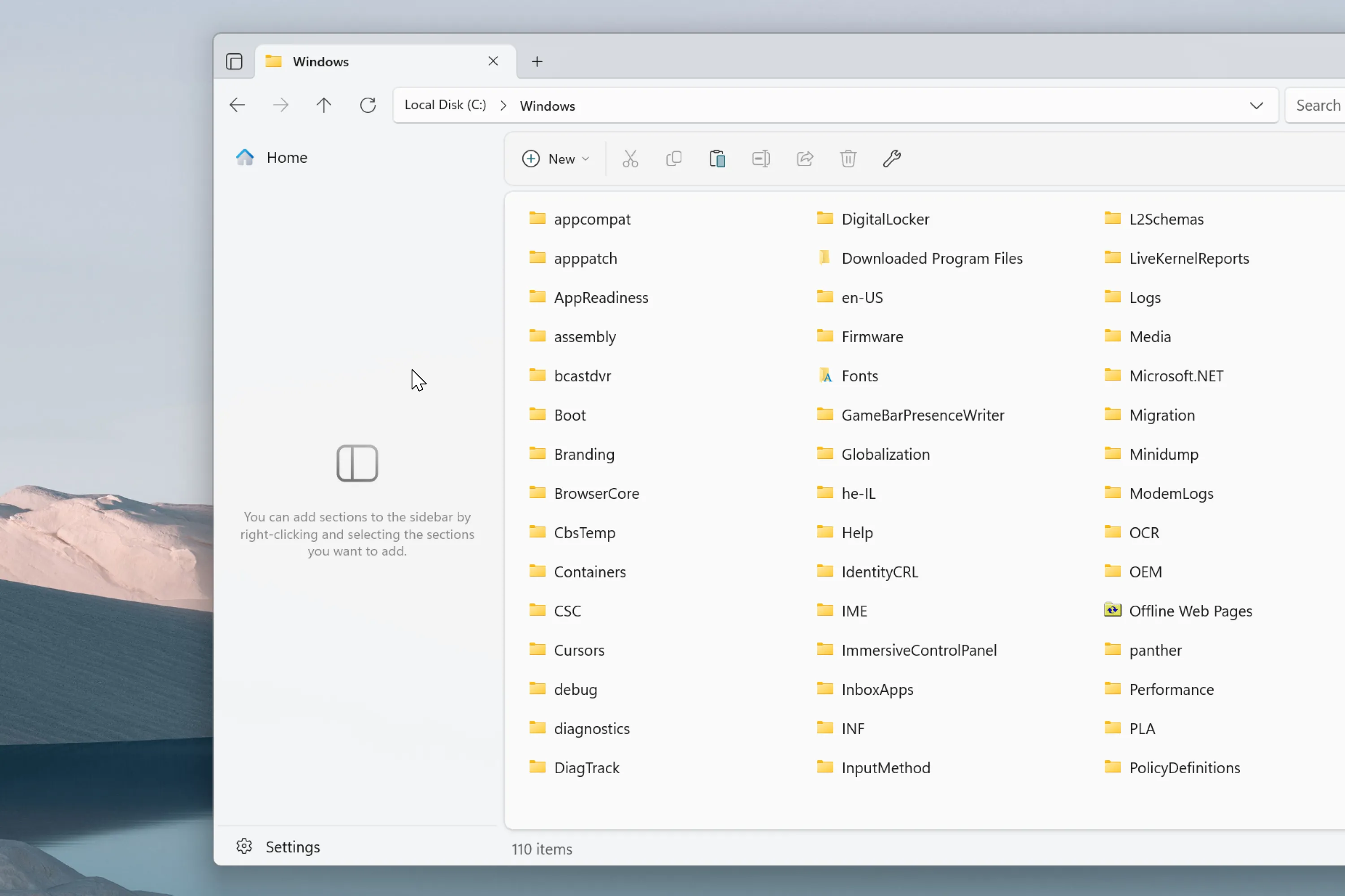 Thông báo gợi ý cách sử dụng sidebar trong ứng dụng Files khi chưa có nội dung nào được thêm.