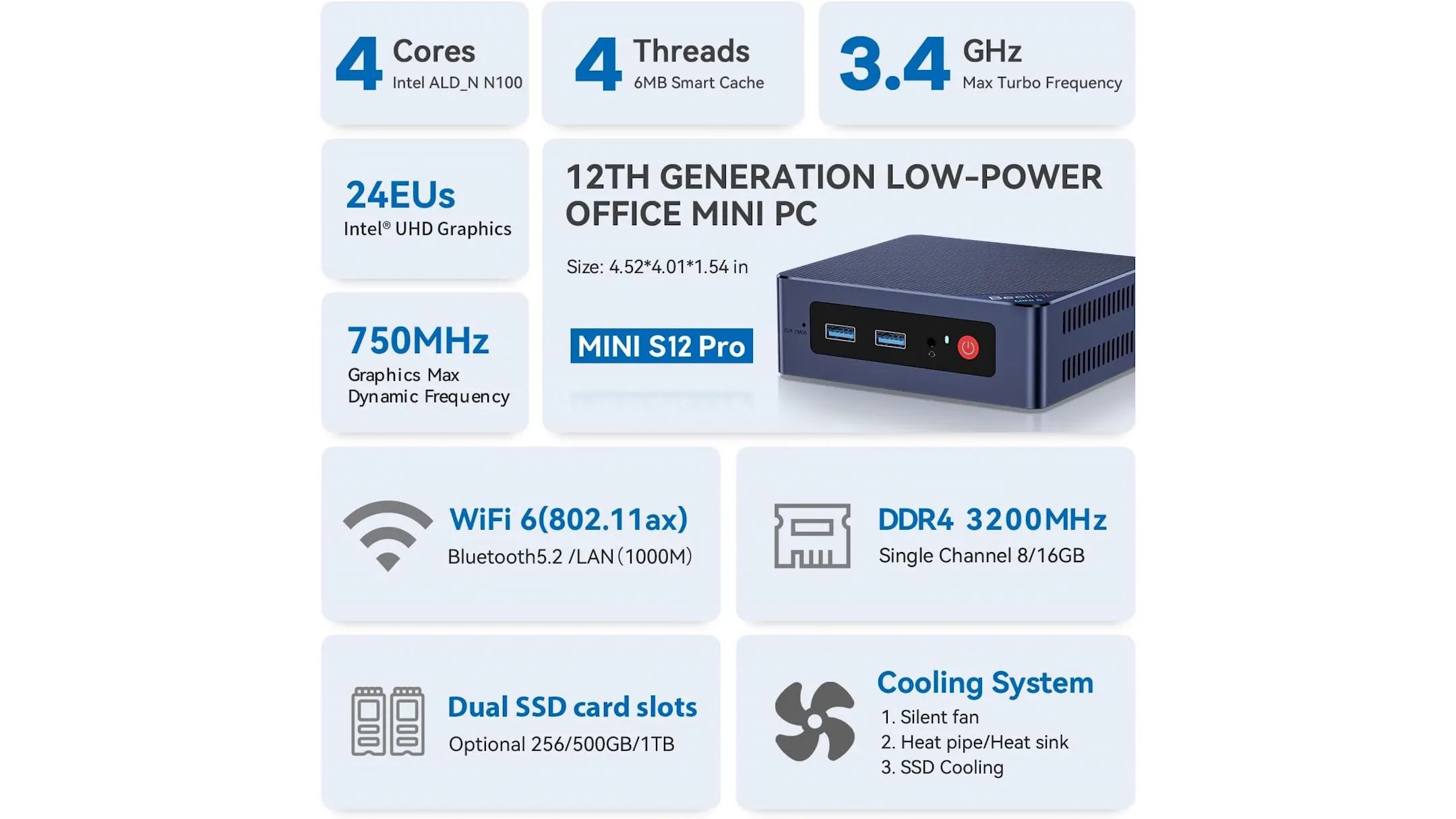 Thông số kỹ thuật chính của Beelink Mini S12 Pro PC với bộ xử lý Intel N100