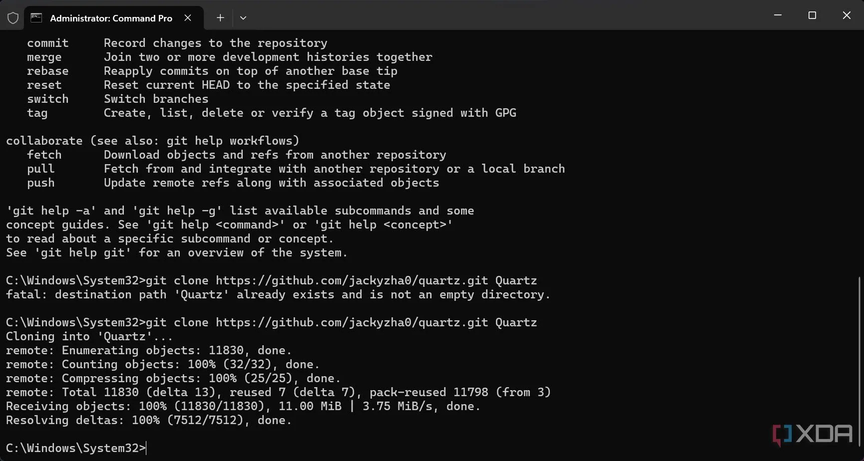 Thực hiện lệnh git clone để tải kho lưu trữ Quartz từ GitHub
