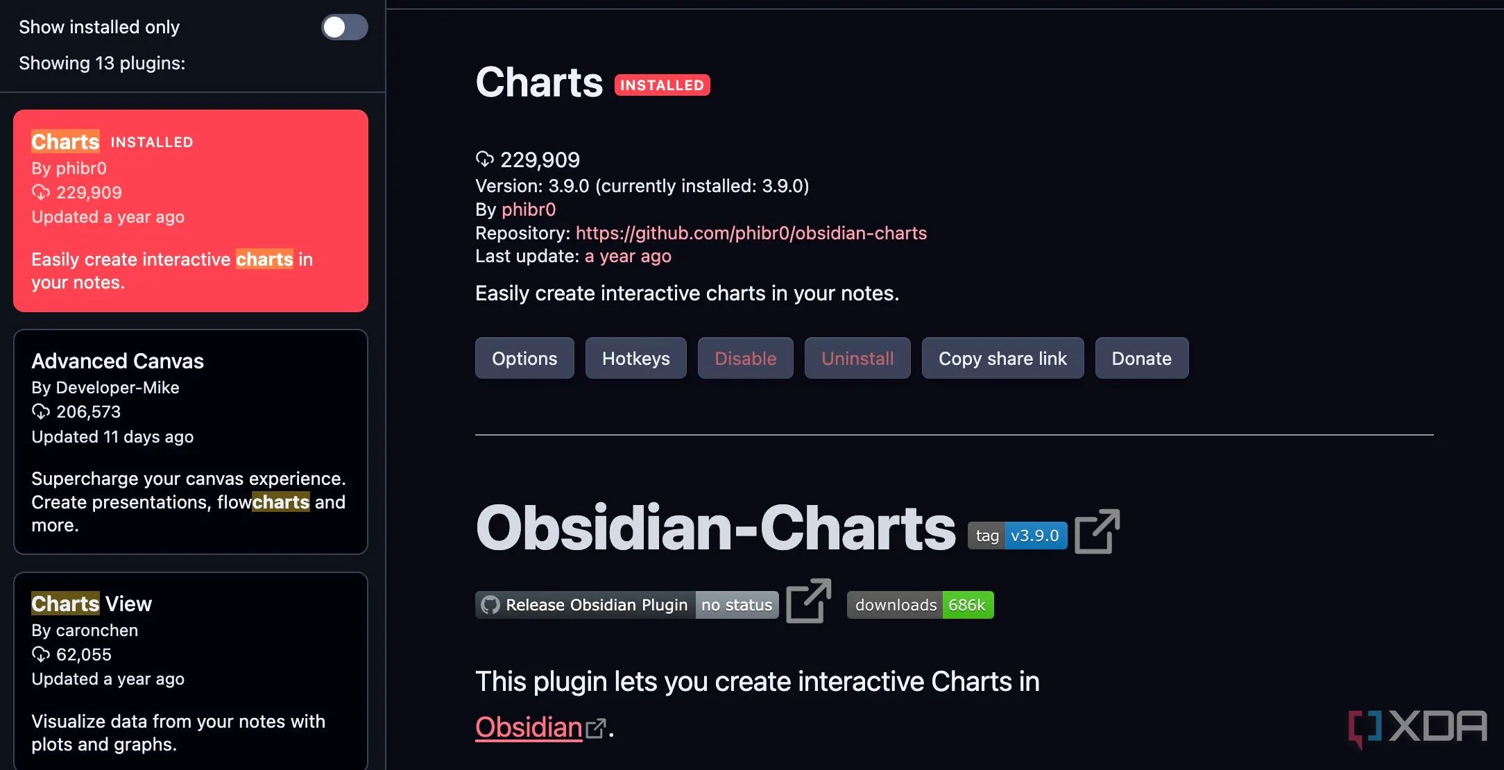 Tìm kiếm và kích hoạt plugin Charts trong Obsidian