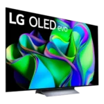 Tivi LG C3 OLED hiển thị logo và hình nền trừu tượng, thể hiện công nghệ màn hình tiên tiến.