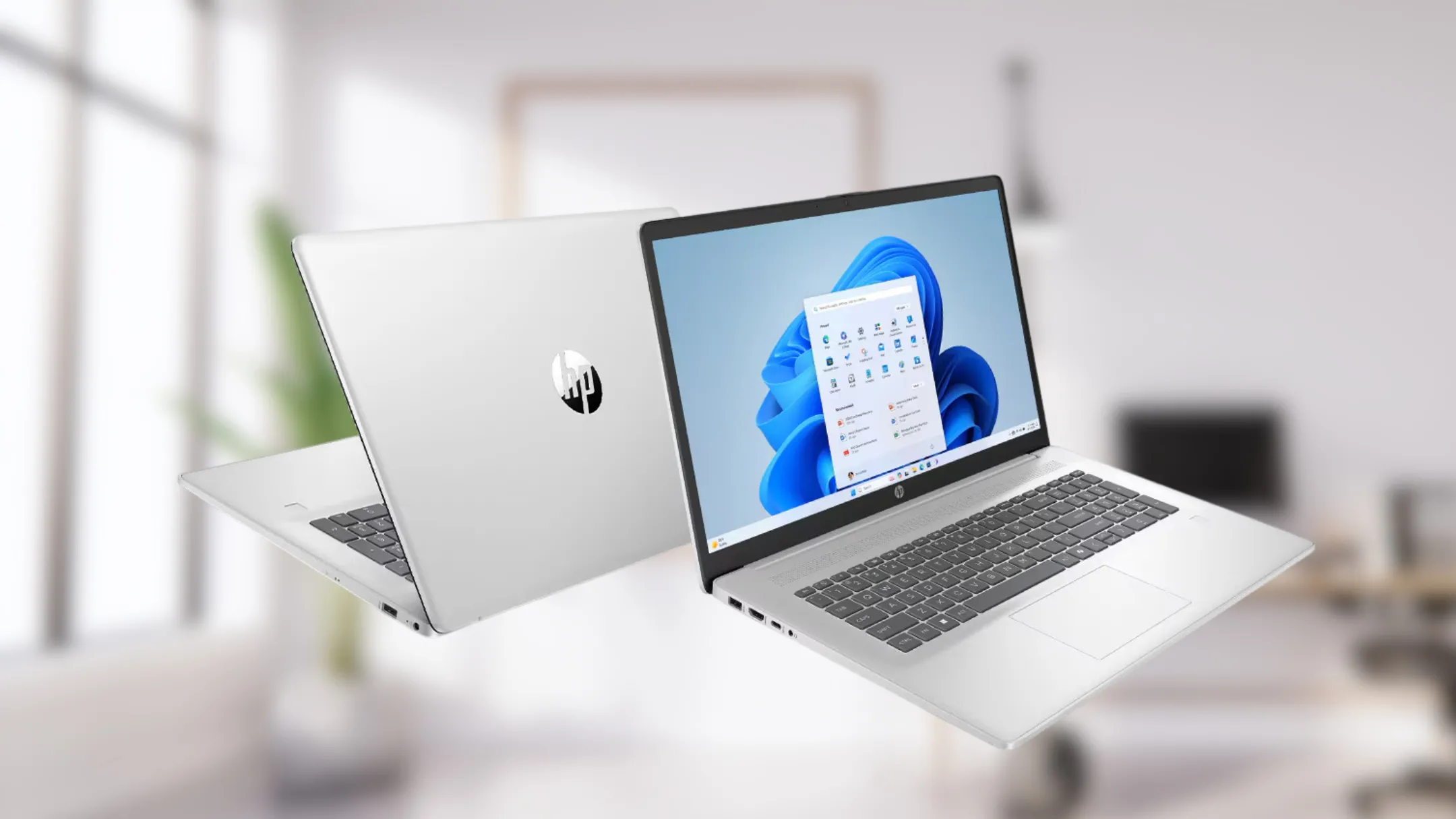 Tổng quan laptop HP Laptop AI 17, hiển thị bàn phím đầy đủ và màn hình rộng