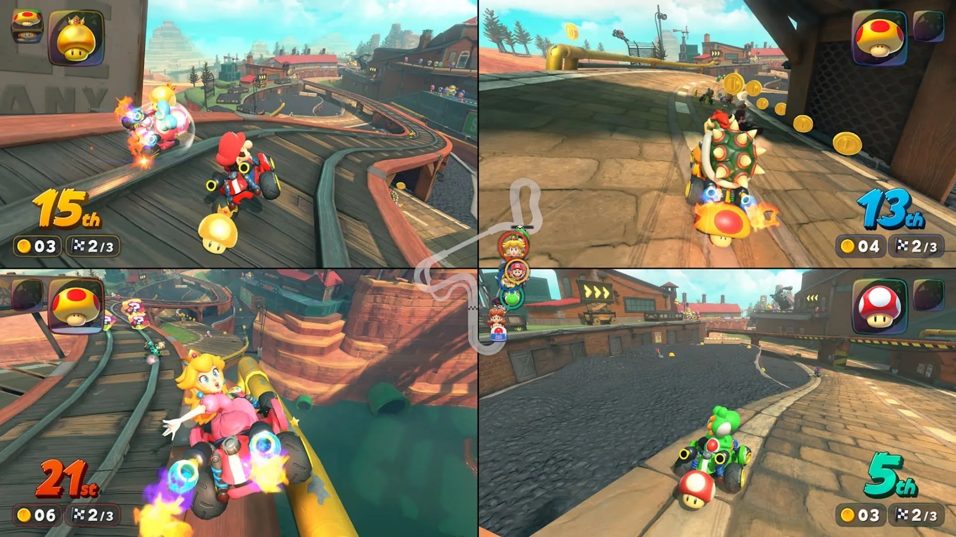 Tổng quan một màn chơi Mario Kart World, nổi bật các yếu tố gameplay mới trên Nintendo Switch 2.