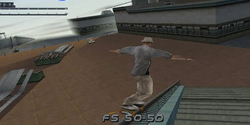 Tony Hawk thực hiện cú grind trên đường ray trong game Tony Hawk's Pro Skater 2
