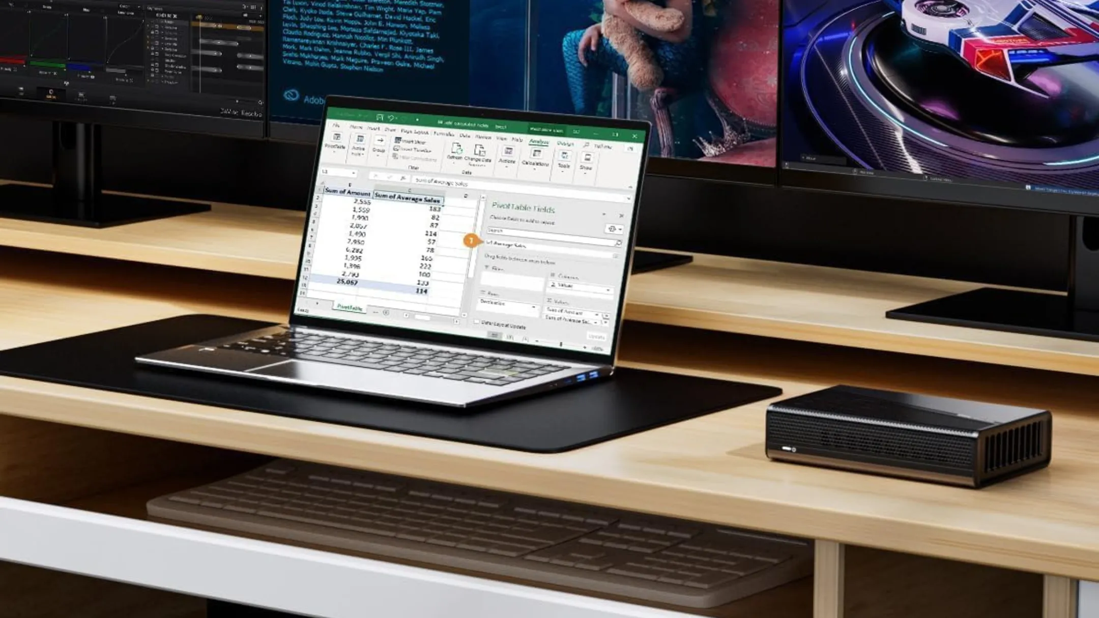 Trạm eGPU GMKtec AD-GP1 đặt trên bàn làm việc cạnh laptop, minh họa khả năng kết nối