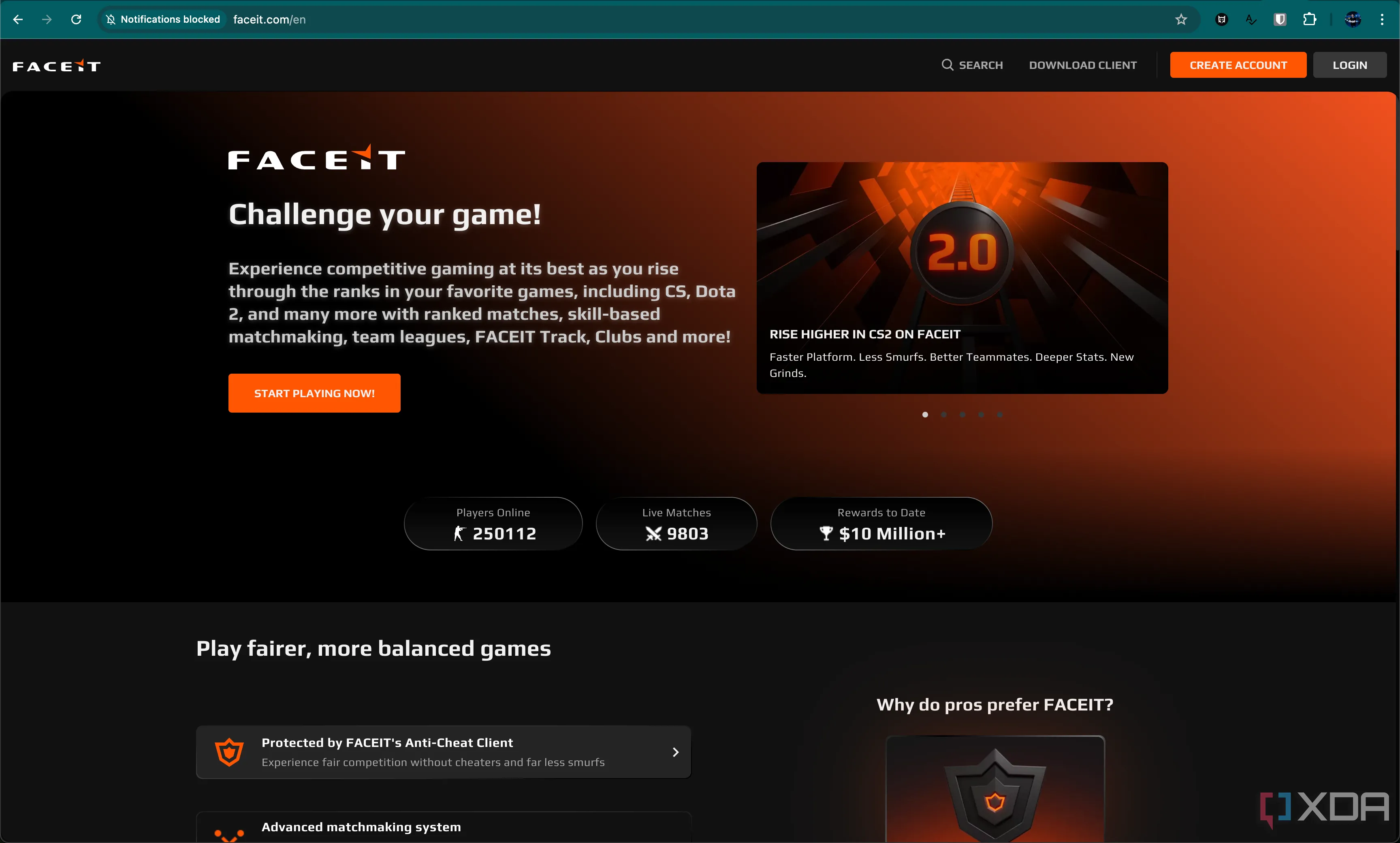 Trang chủ nền tảng Faceit, một giải pháp matchmaking thay thế cho CS2