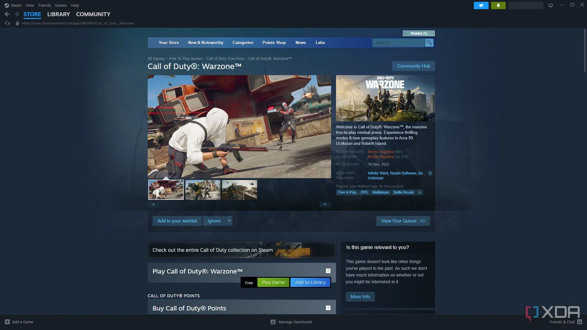 Trang cửa hàng Steam của game Call of Duty: Warzone, minh họa một tựa game AAA dung lượng lớn