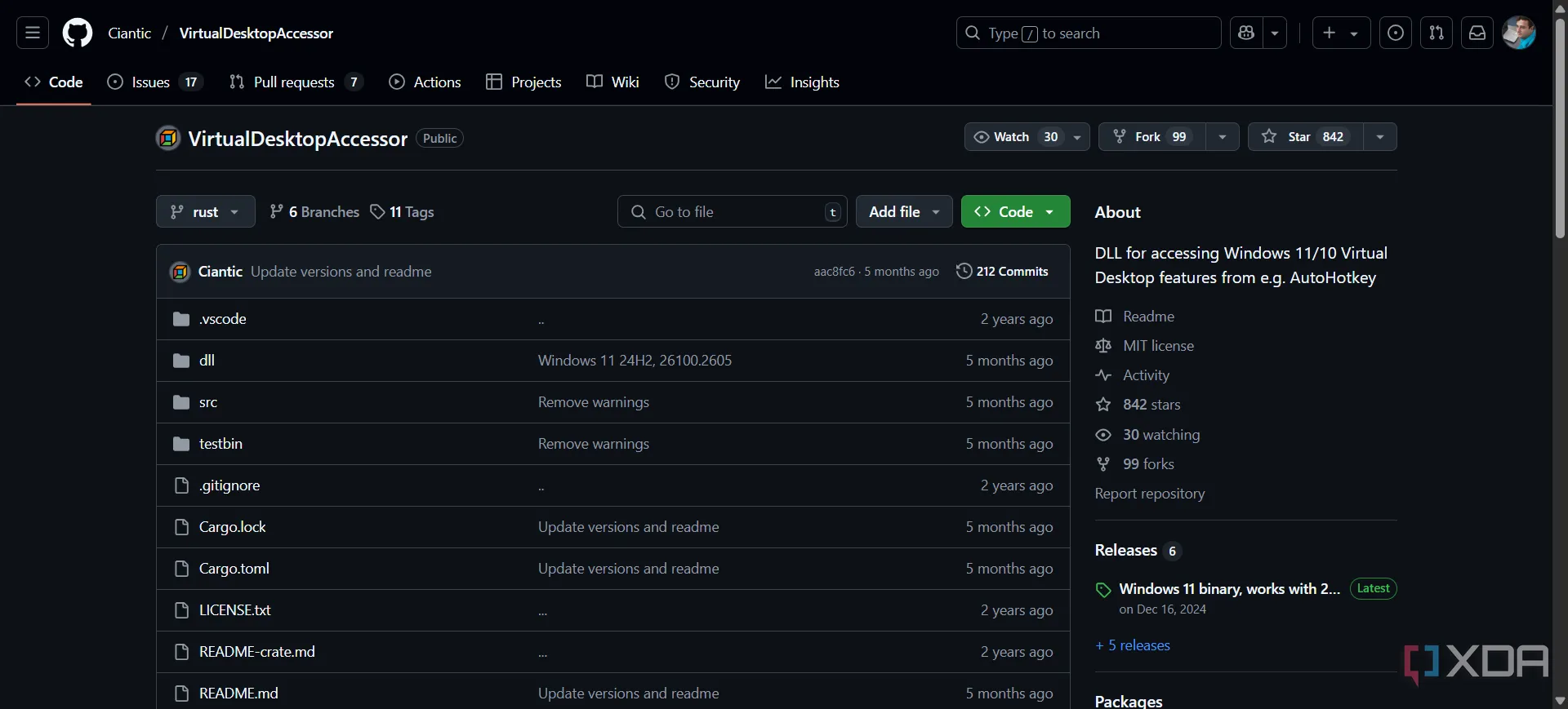 Trang GitHub của VirtualDesktopAccessor, công cụ tăng cường desktop ảo cho Windows