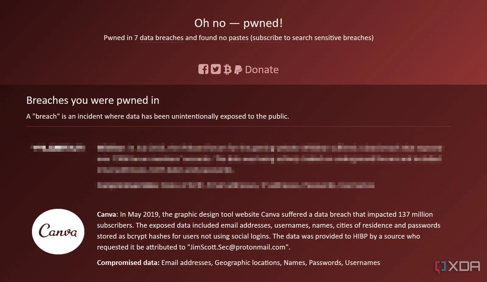 Trang haveibeenpwned.com hiển thị thông báo rò rỉ dữ liệu của Canva năm 2019