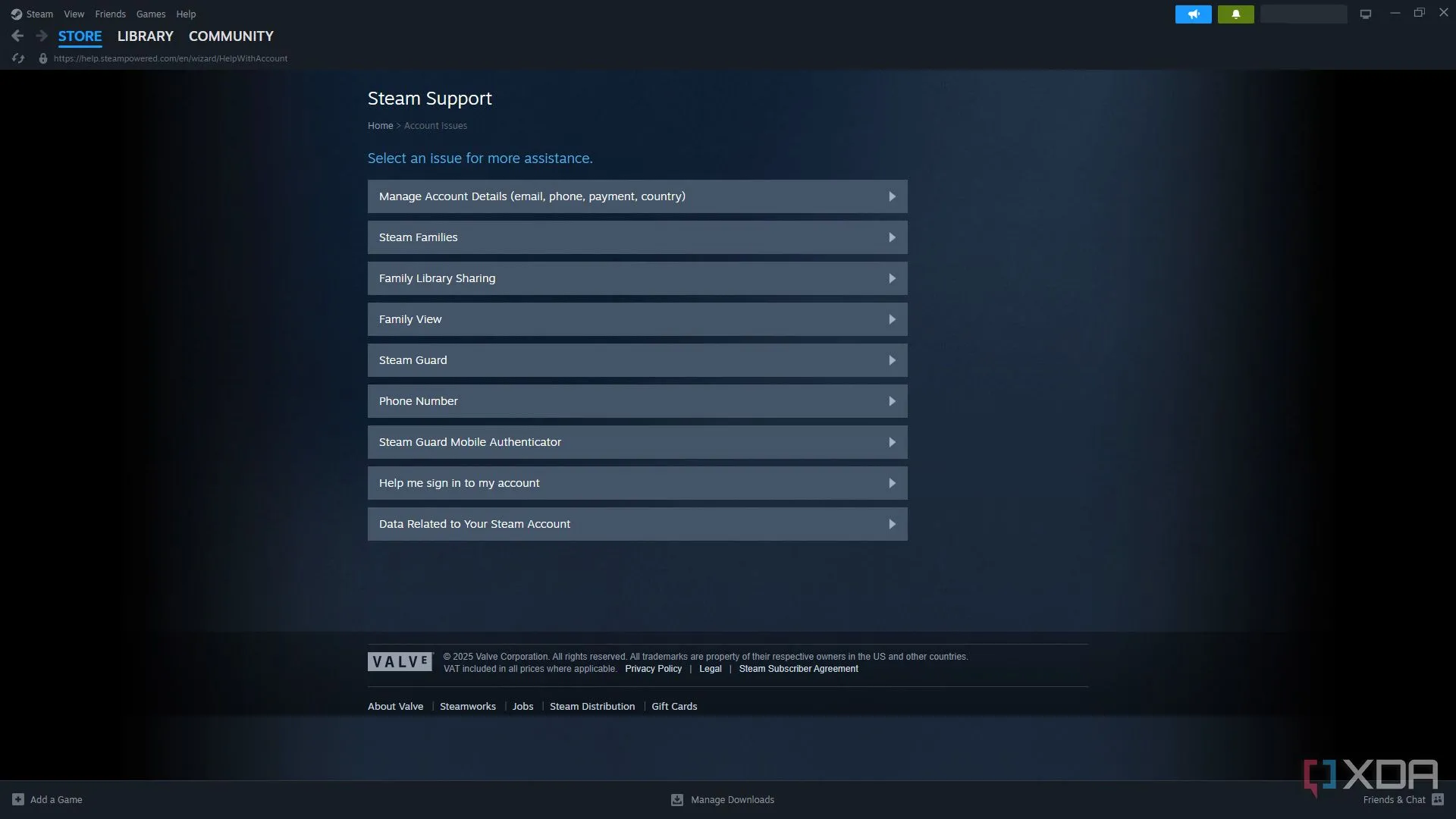 Trang hỗ trợ Steam hiển thị các tùy chọn trợ giúp khác nhau cho người dùng