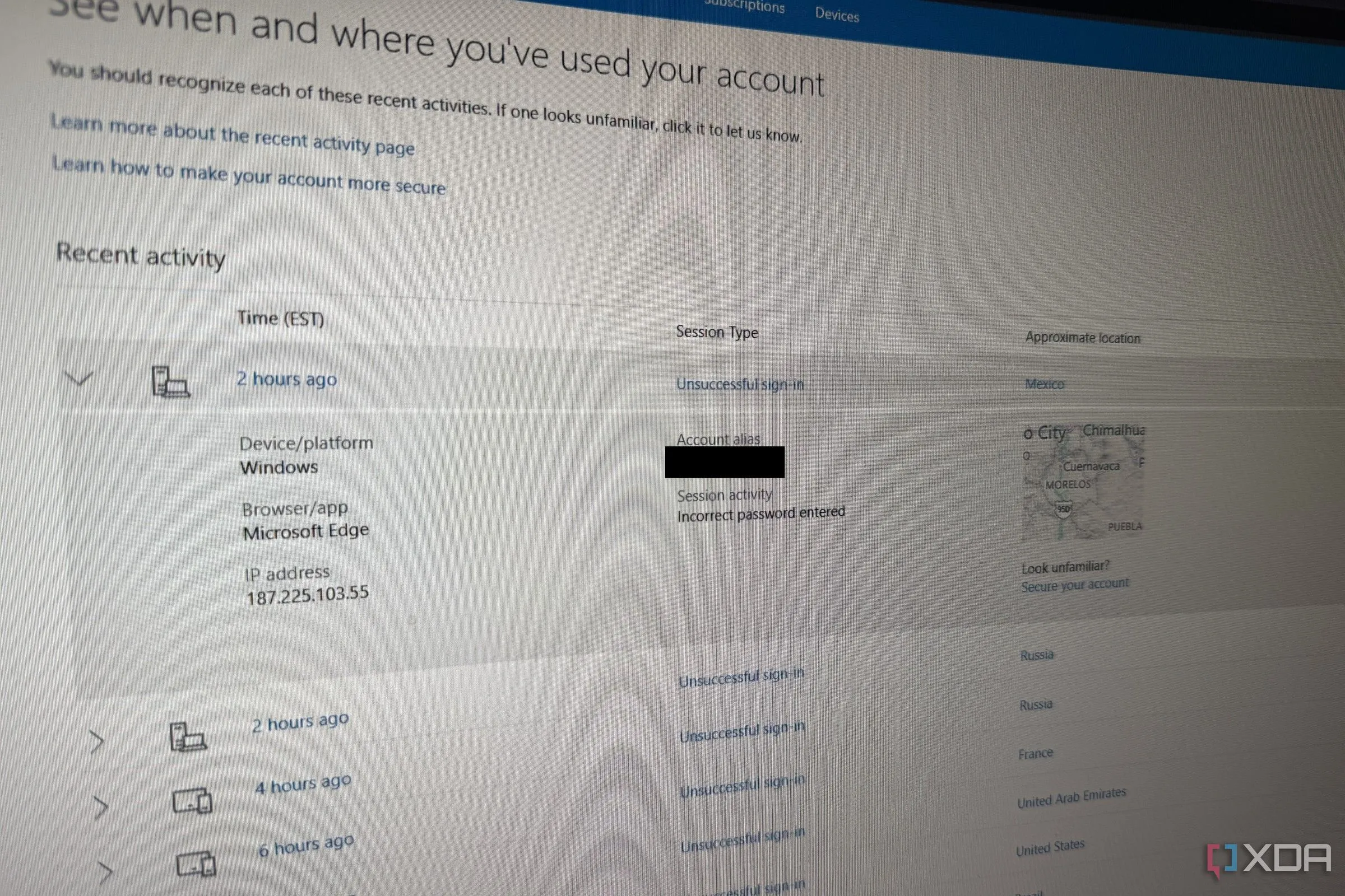 Trang lịch sử đăng nhập tài khoản Microsoft hiển thị các lần đăng nhập không thành công