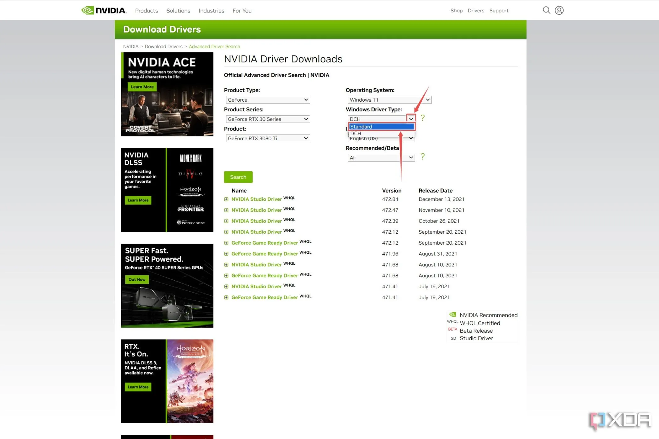 Trang web tải xuống driver của Nvidia với tùy chọn driver tiêu chuẩn được tô sáng