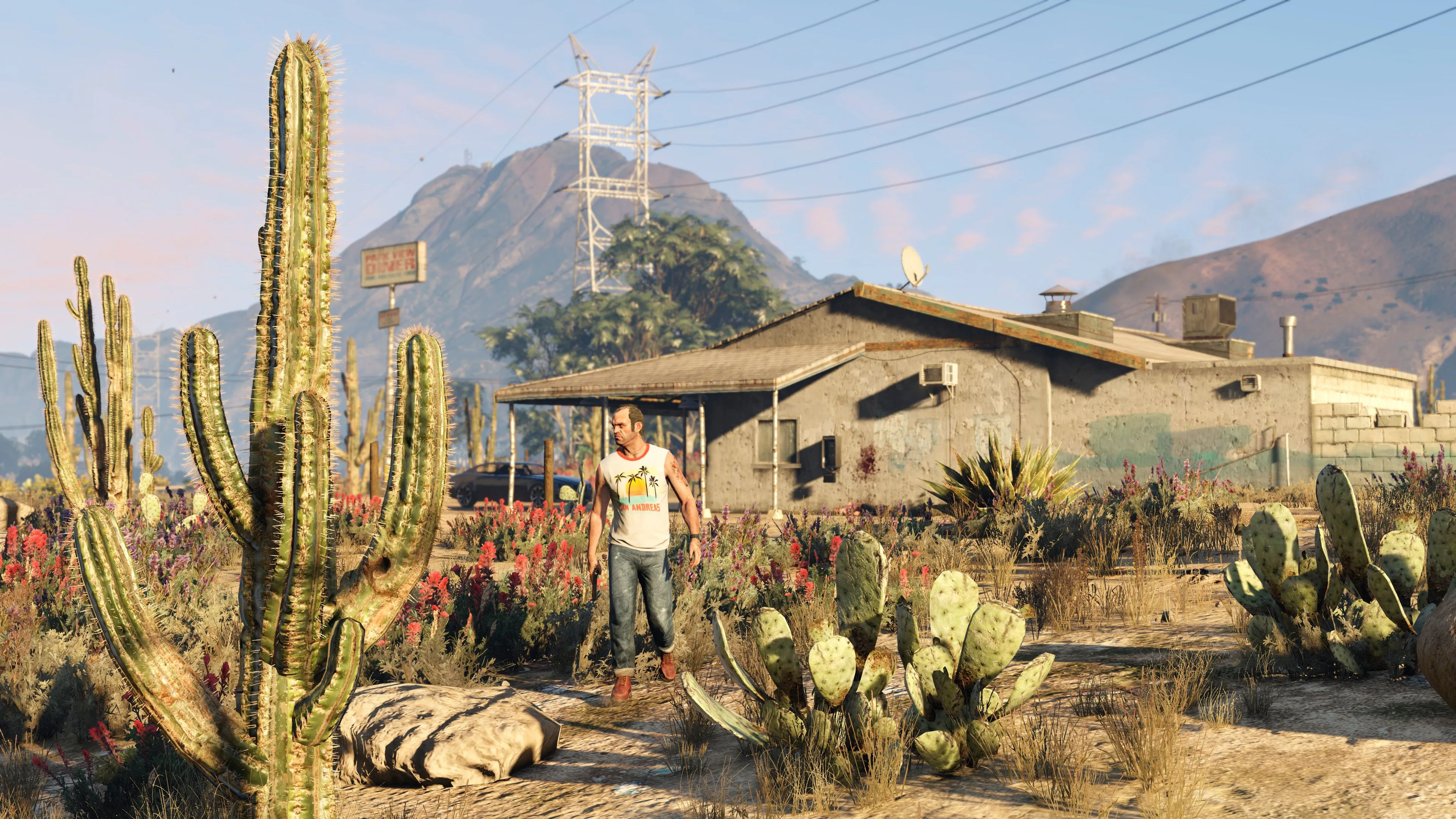 Trevor Philips, nhân vật nổi tiếng trong GTA 5, đi bộ trước một ngôi nhà ở Blaine County, biểu tượng cho nội dung cốt truyện sâu sắc và chế độ chơi đơn.