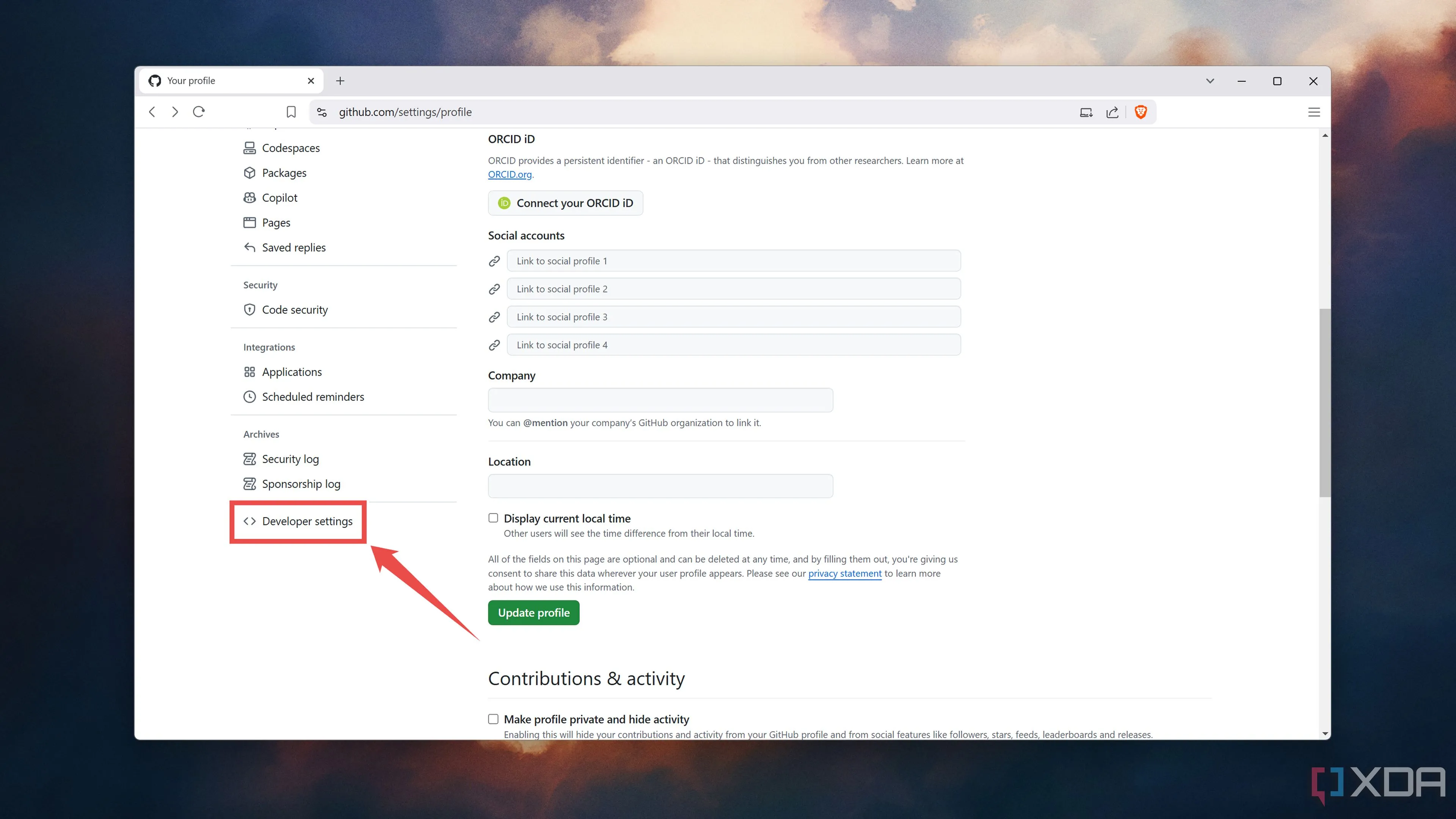 Truy cập Developer settings để quản lý token trên GitHub