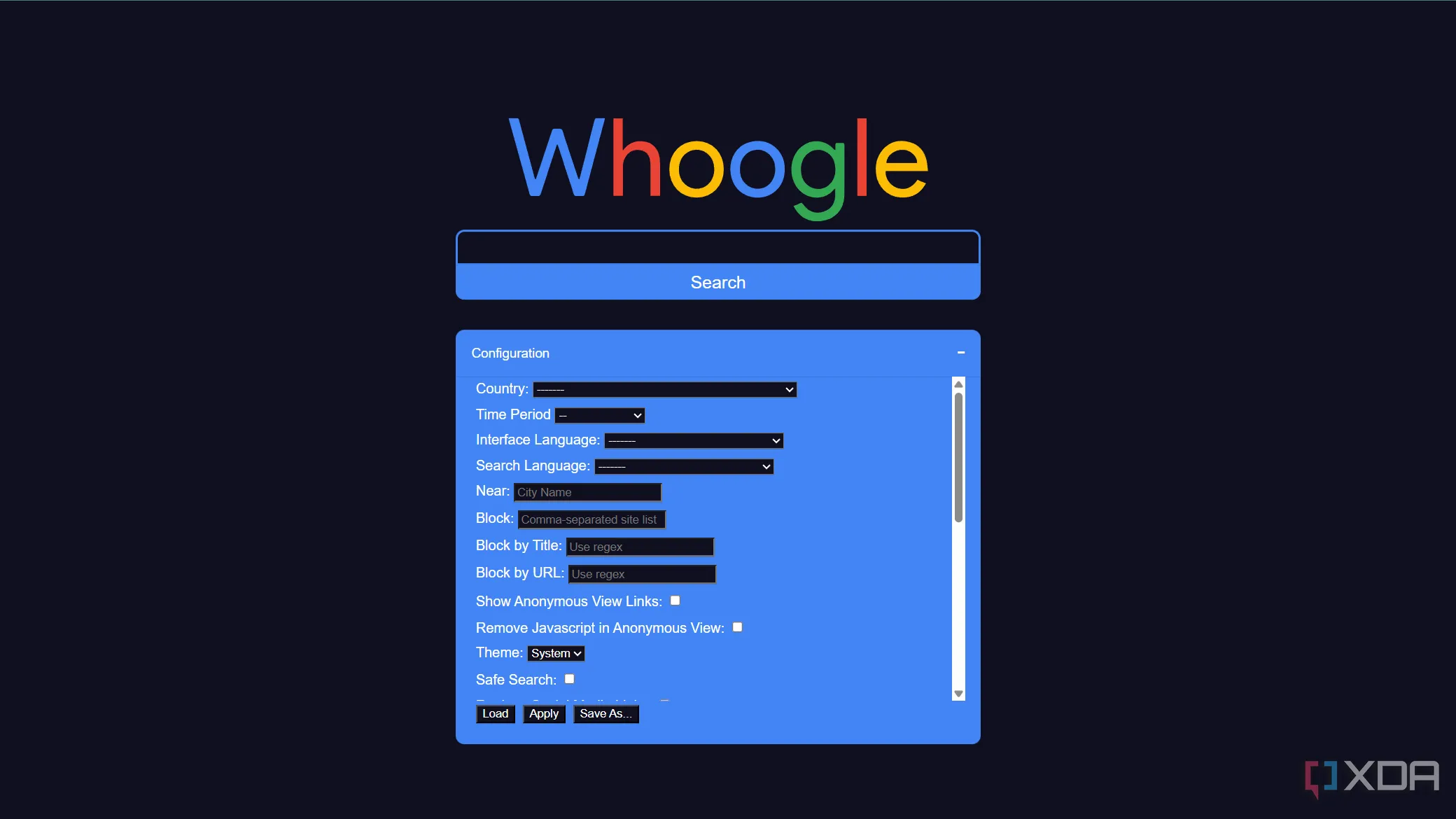 Tùy chọn cấu hình nâng cao trong Whoogle cho phép tùy chỉnh tìm kiếm và quyền riêng tư