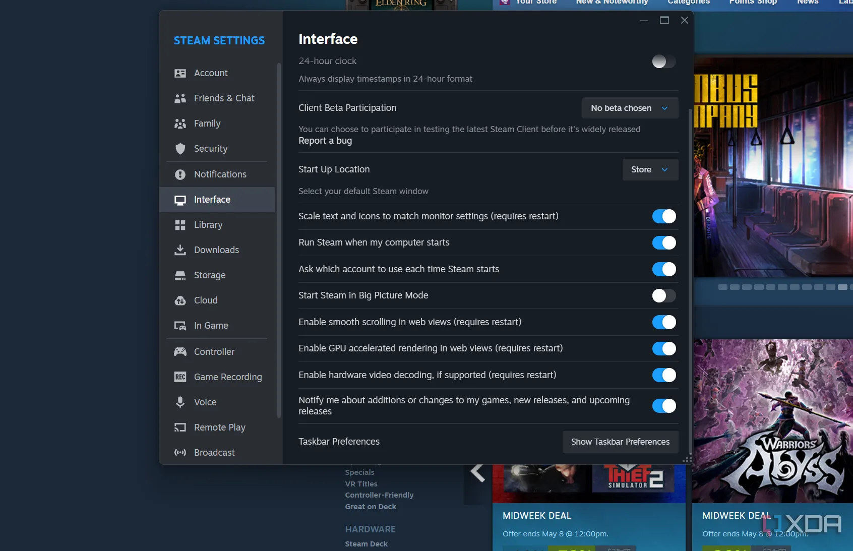 Tùy chọn &quot;Start Steam in Big Picture mode&quot; trong cài đặt giao diện của Steam, giúp khởi động trực tiếp vào giao diện thân thiện với tay cầm