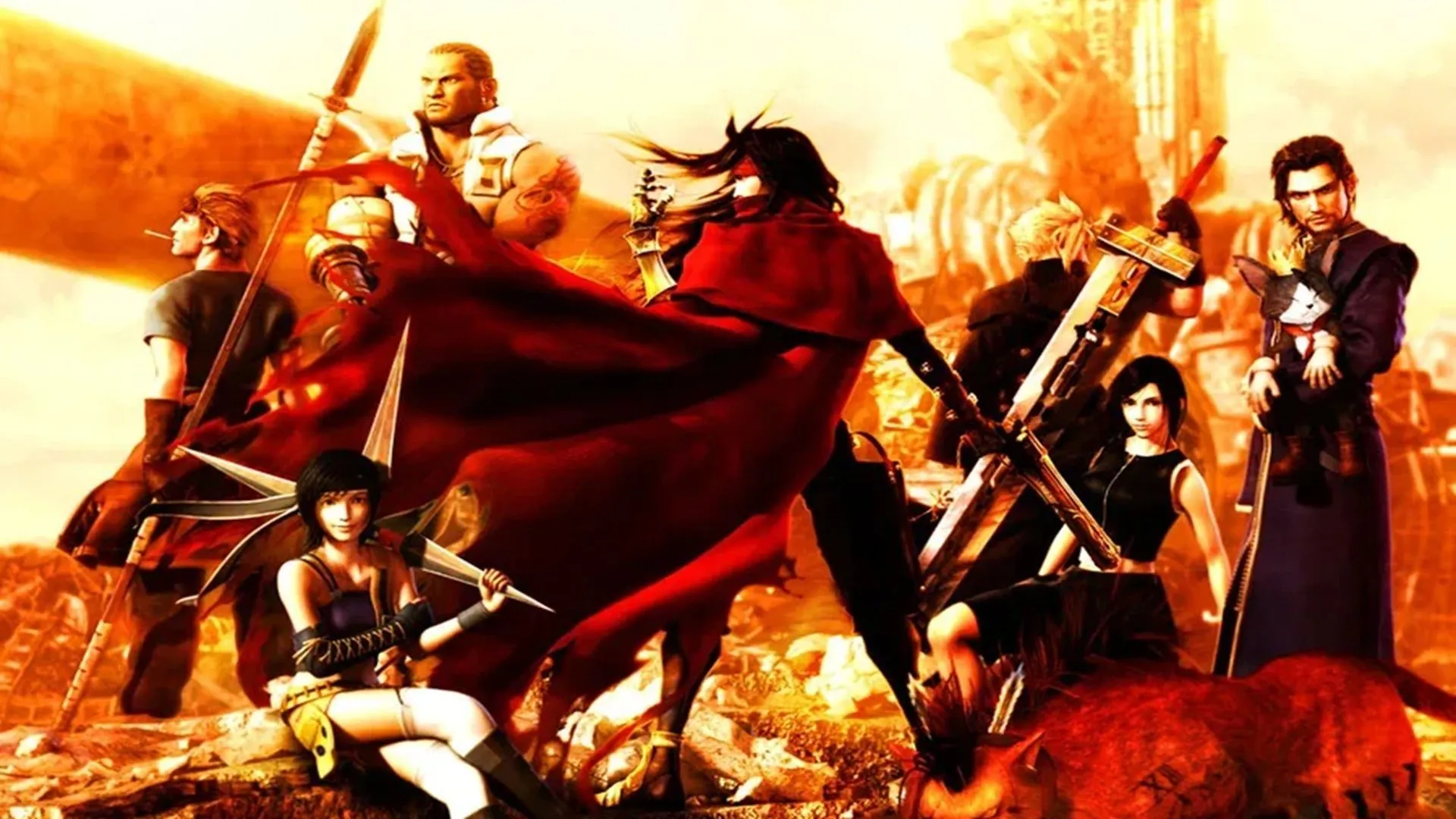 Vincent Valentine và những người hùng đồng hành trong cảnh quay từ Dirge of Cerberus: Final Fantasy VII, tựa game spin-off của Final Fantasy VII.
