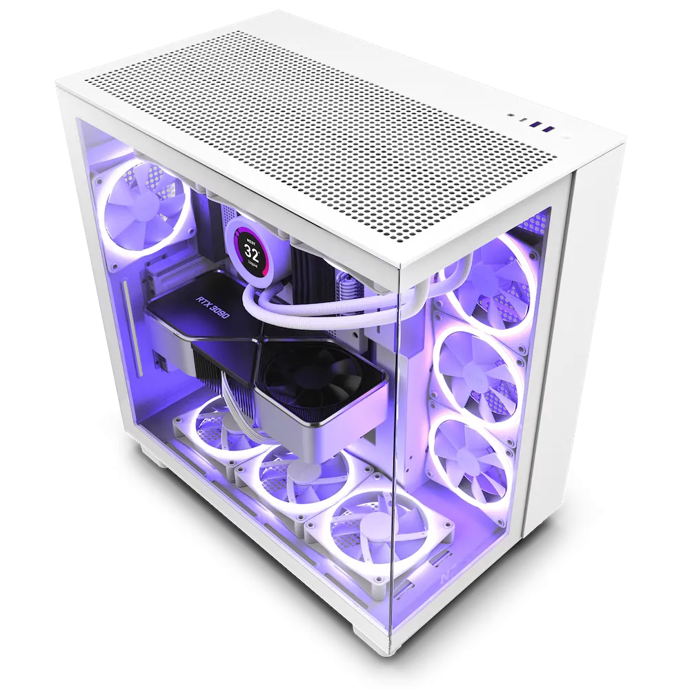 Vỏ case NZXT H9 Flow màu trắng với thiết kế buồng đôi, minh họa không gian rộng rãi cho luồng không khí và linh kiện PC.
