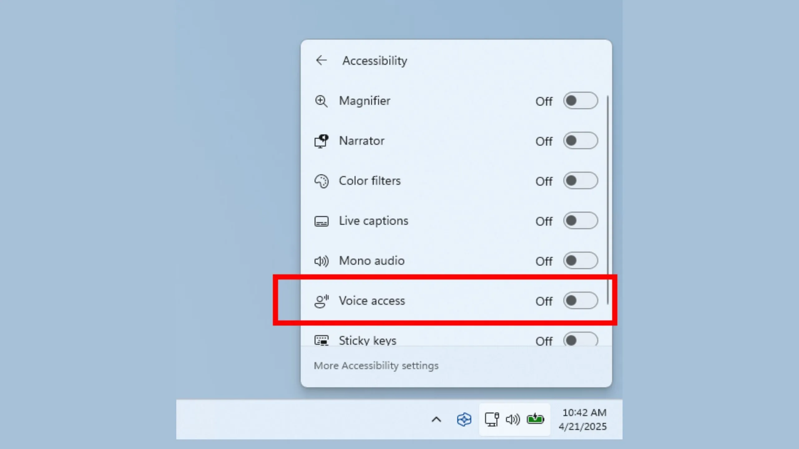 Voice Access có nút bật tắt trong bảng Quick Actions của Windows 11