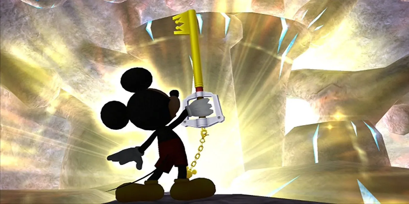 Vua Mickey cầm Keyblade huyền thoại trong tựa game Kingdom Hearts