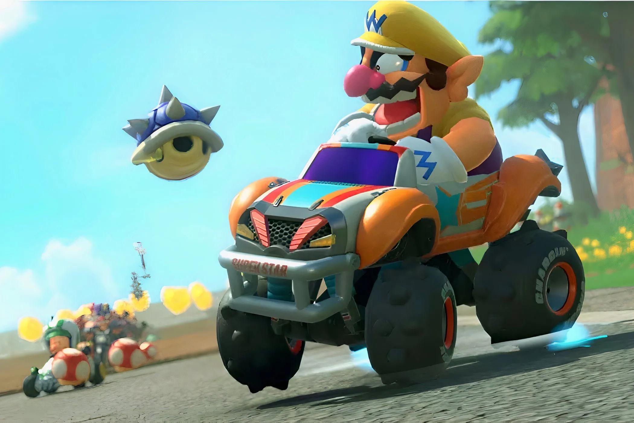 Wario bất lực nhìn Vỏ Sò Xanh đang bay tới trong một cuộc đua Mario Kart