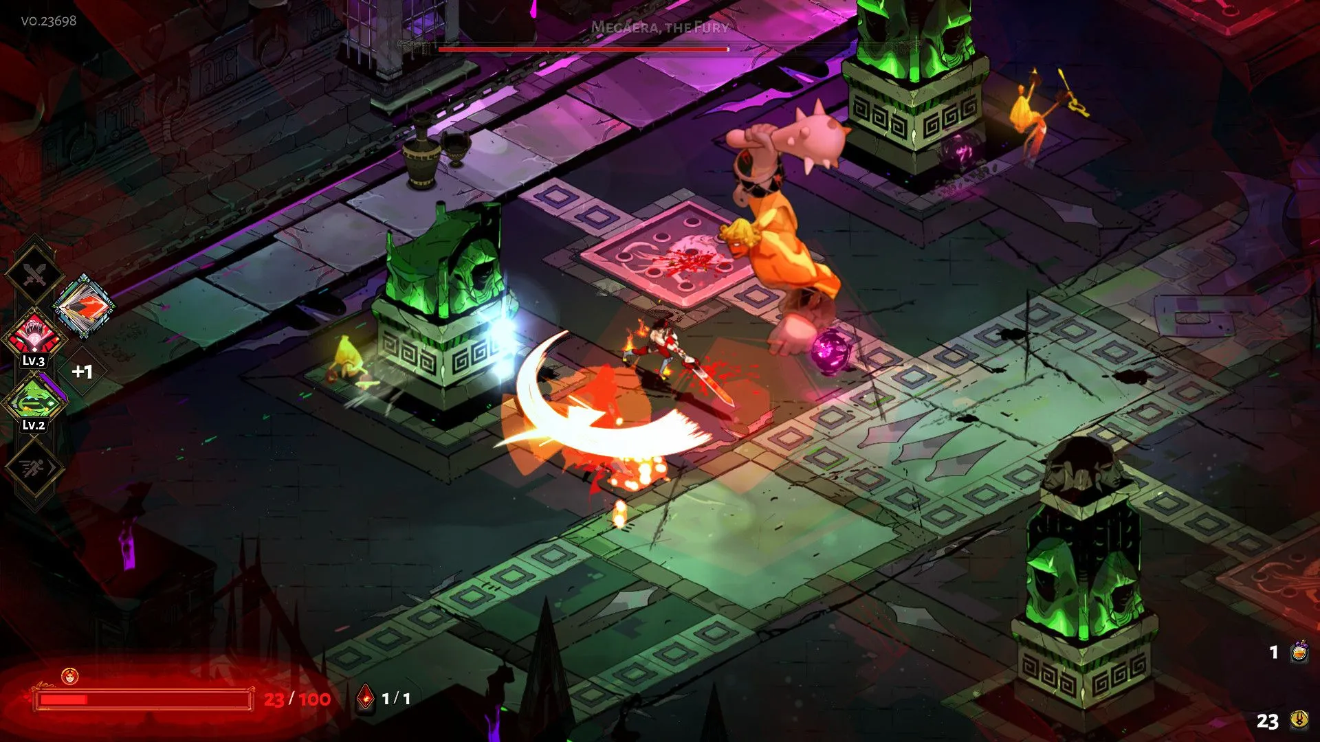 Zagreus chiến đấu với kẻ thù trong Hades, minh họa gameplay hành động roguelike nhanh và mạnh mẽ.