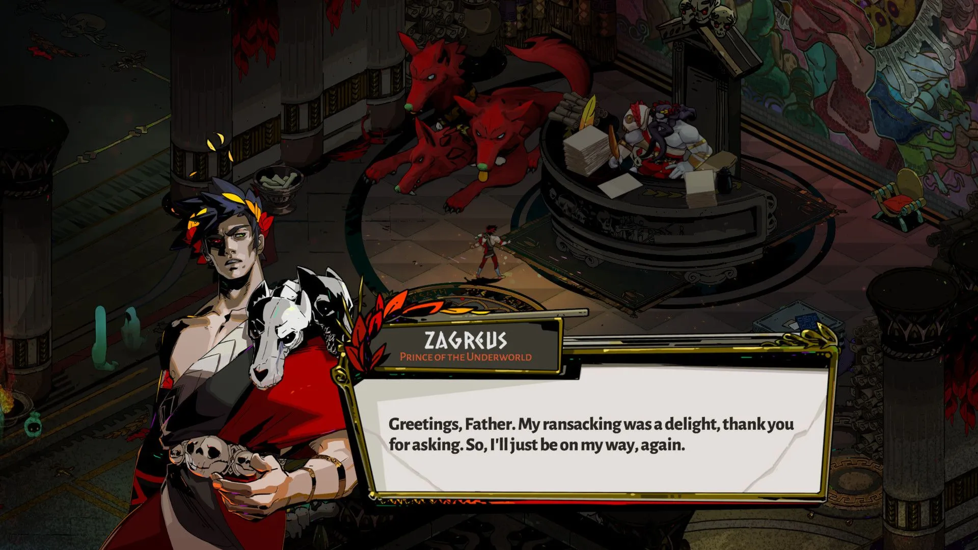 Zagreus tương tác với một nhân vật thần thoại Hy Lạp trong Hades, thể hiện yếu tố cốt truyện và đối thoại phong phú.